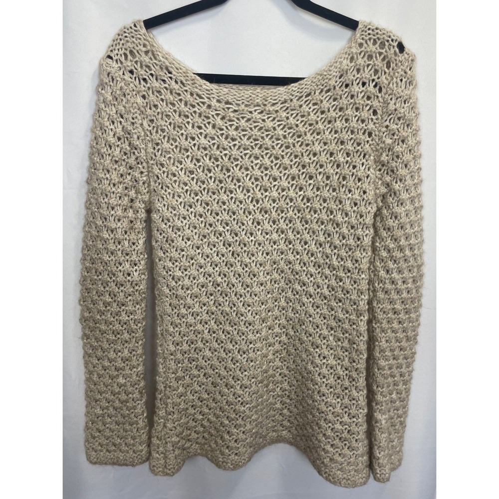 Berretti Made in Italy Wool Alpaca Blend Open Knit Sweater Beige Tan Large